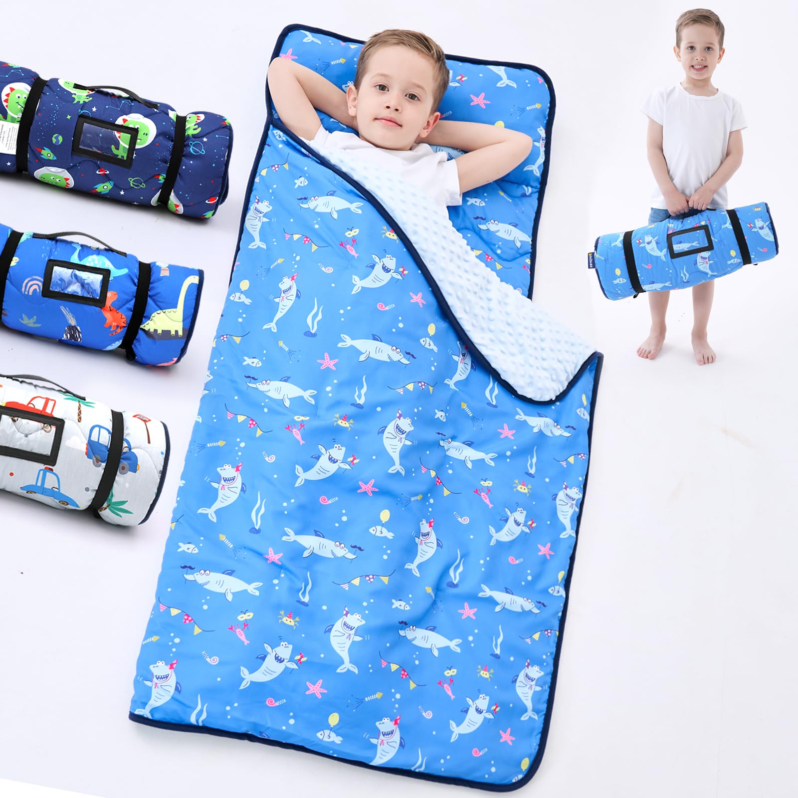 Nap Mat with Pillow Blanket Set: Sleeping Mats for Toddler Kids - Thick Large Roll up Slumber Bag for Daycare Preschool Kindergarten Boys Girls