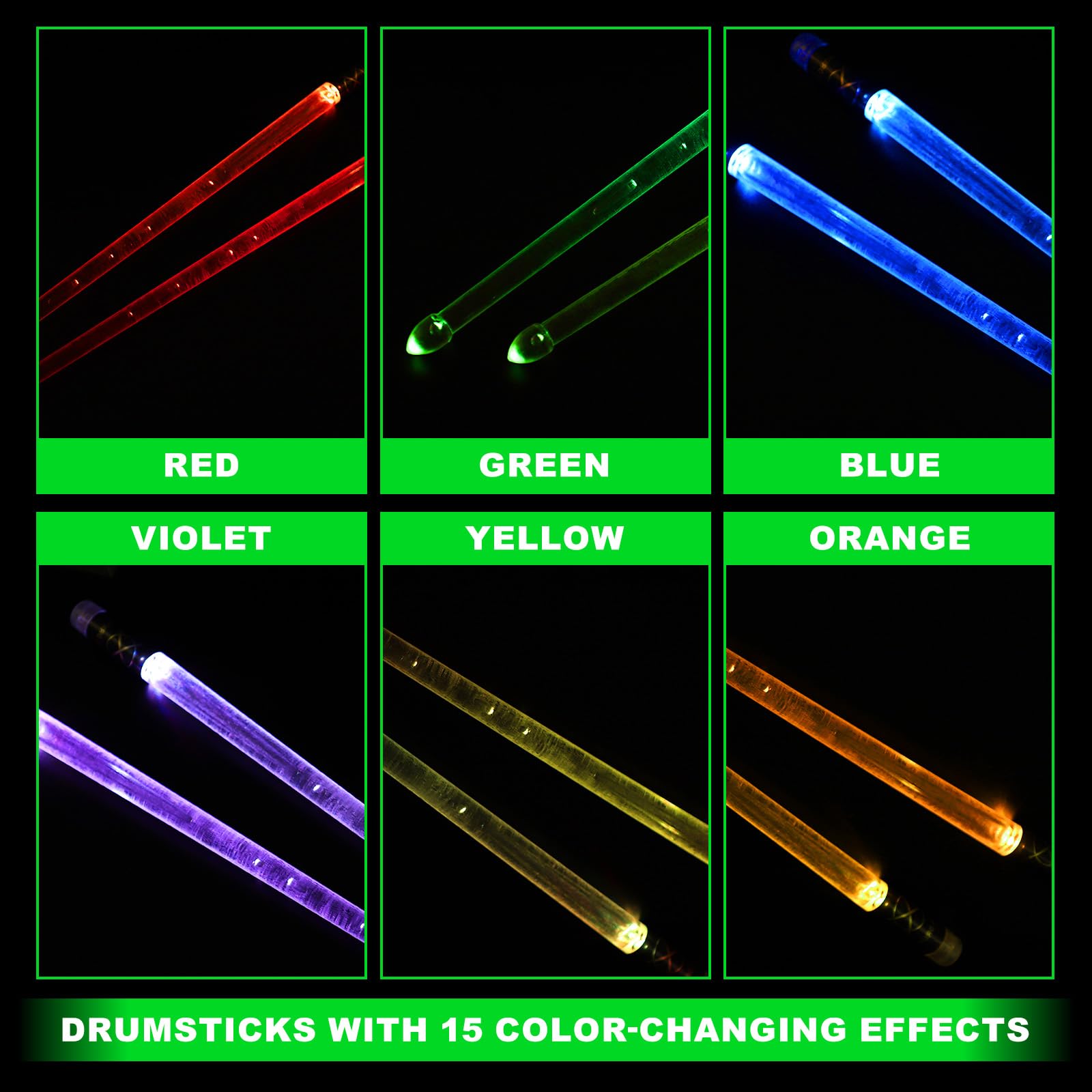 Bacchette per Batteria Ricaricabili con 15 Colori Cangianti, Bacchette Luminose con Ricarica USB Bambini e Adulti Accessori Batteria Professionali e Regali per Batteristi