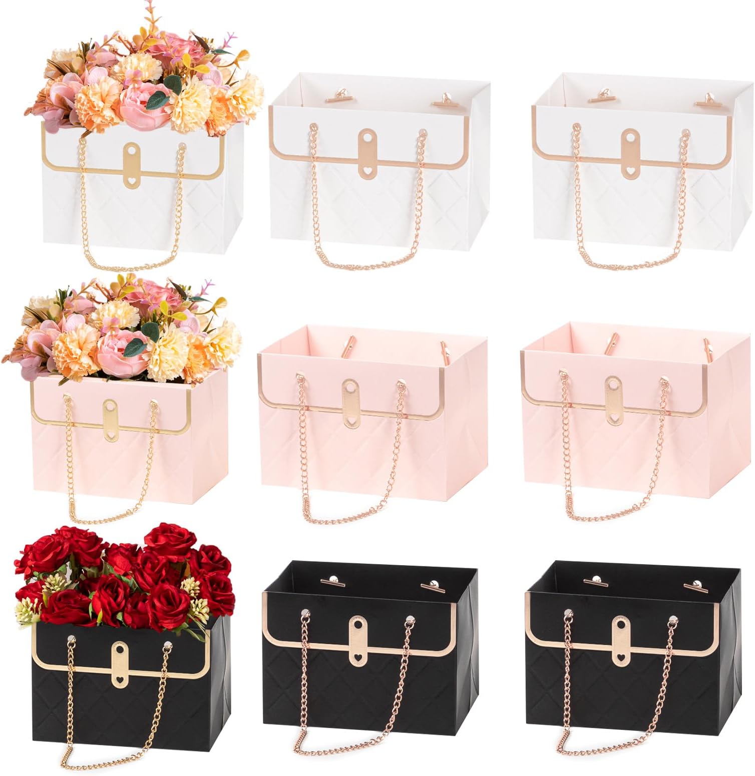 Gloreyan 6Pcs Kraft Paper Flower Bags Wedding Bouquet Box with Metal Chain Handle Florist Bag Handbag Wrapping Basket Handbag for Flower Arrangment Wedding Party Supply (Black, White, Pink)