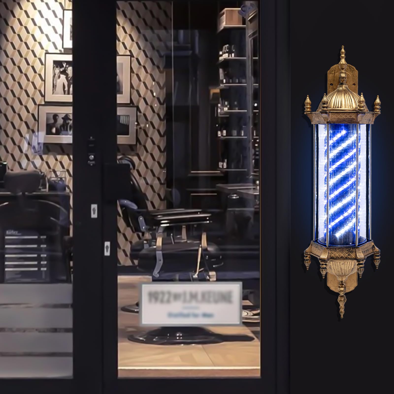 TFCFL 110V Rotating Barber Light, Retro Style Barber Pole, Salon Shop Open Sign, Blue+White Stripes LED Light, Wall-Mounted 50 RPM