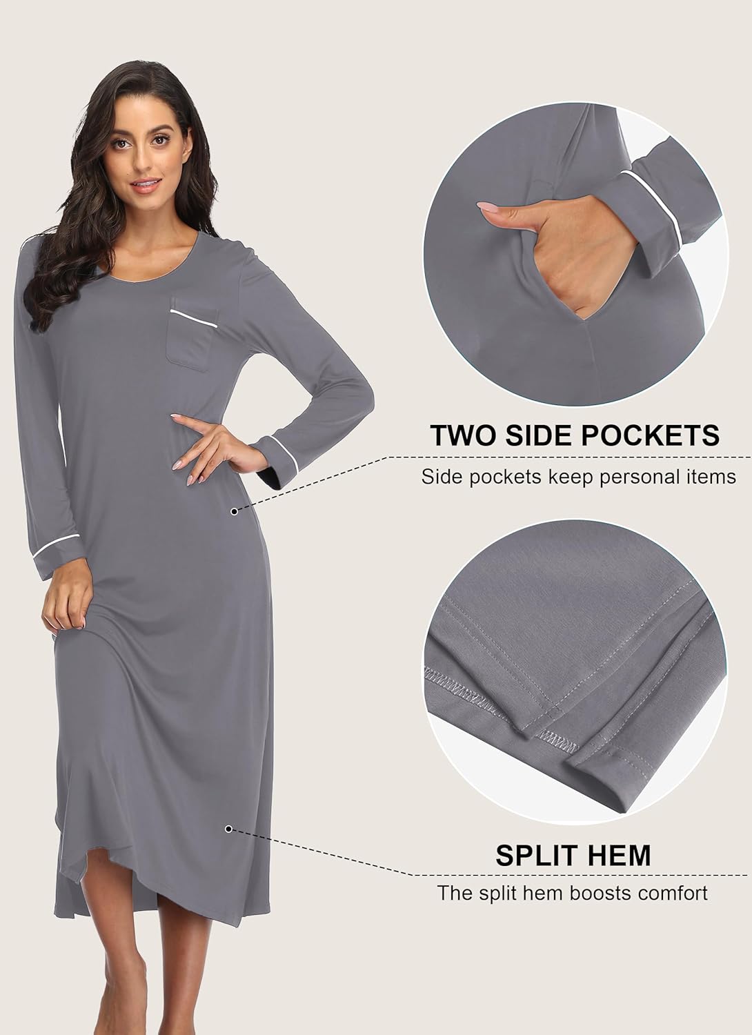 EA'S SECRET Nightgowns for Women Long Sleeve V Neck Nightshirts Soft Knit Sleepwear Full Length Loungewear with Pocket - Image 4