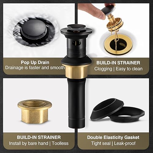 Miniatura 7 de Borlon Grifos de baño en cascada para 1 agujero o 3, grifo de lavabo de baño negro y dorado brillante con drenaje desplegable de metal, moderno