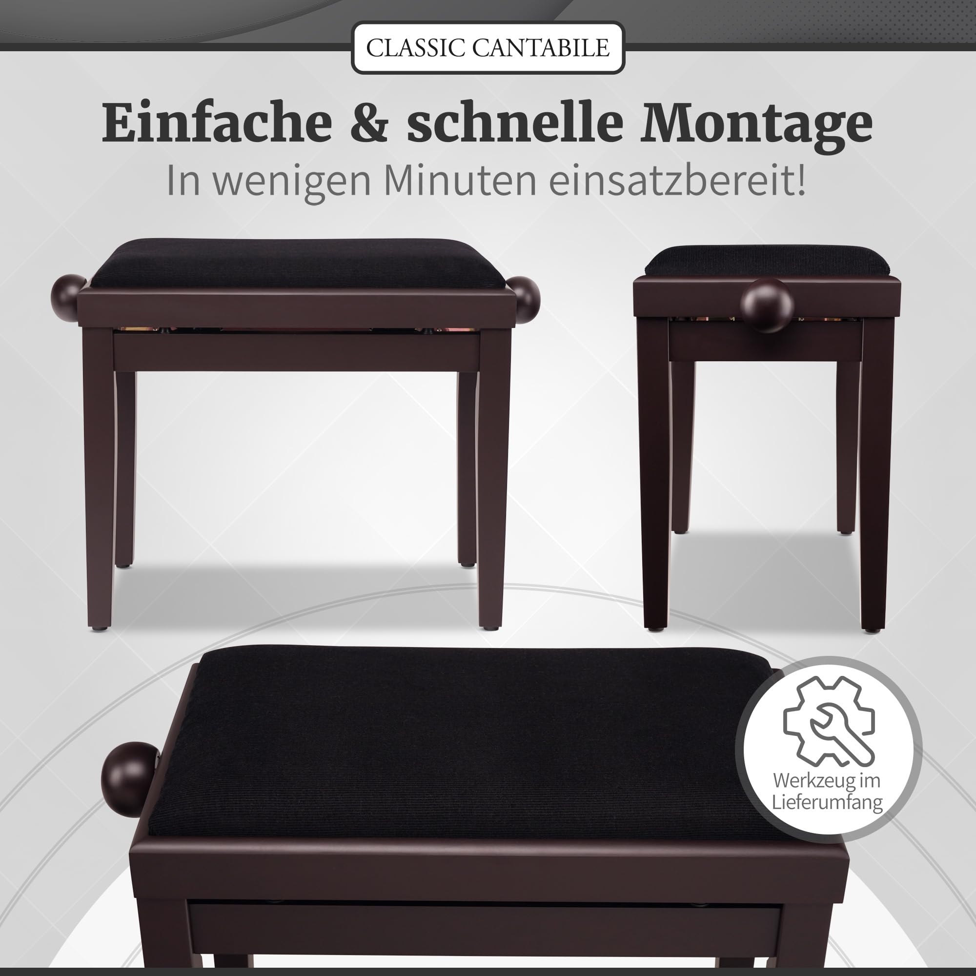 Classic Cantabile Pianobank Rosenholz-matt (höhenverstellbar von 47-56cm, Spindelmechanik, Sitzfläche 55 x 32cm, schwarzer Velourbezug, stabil)