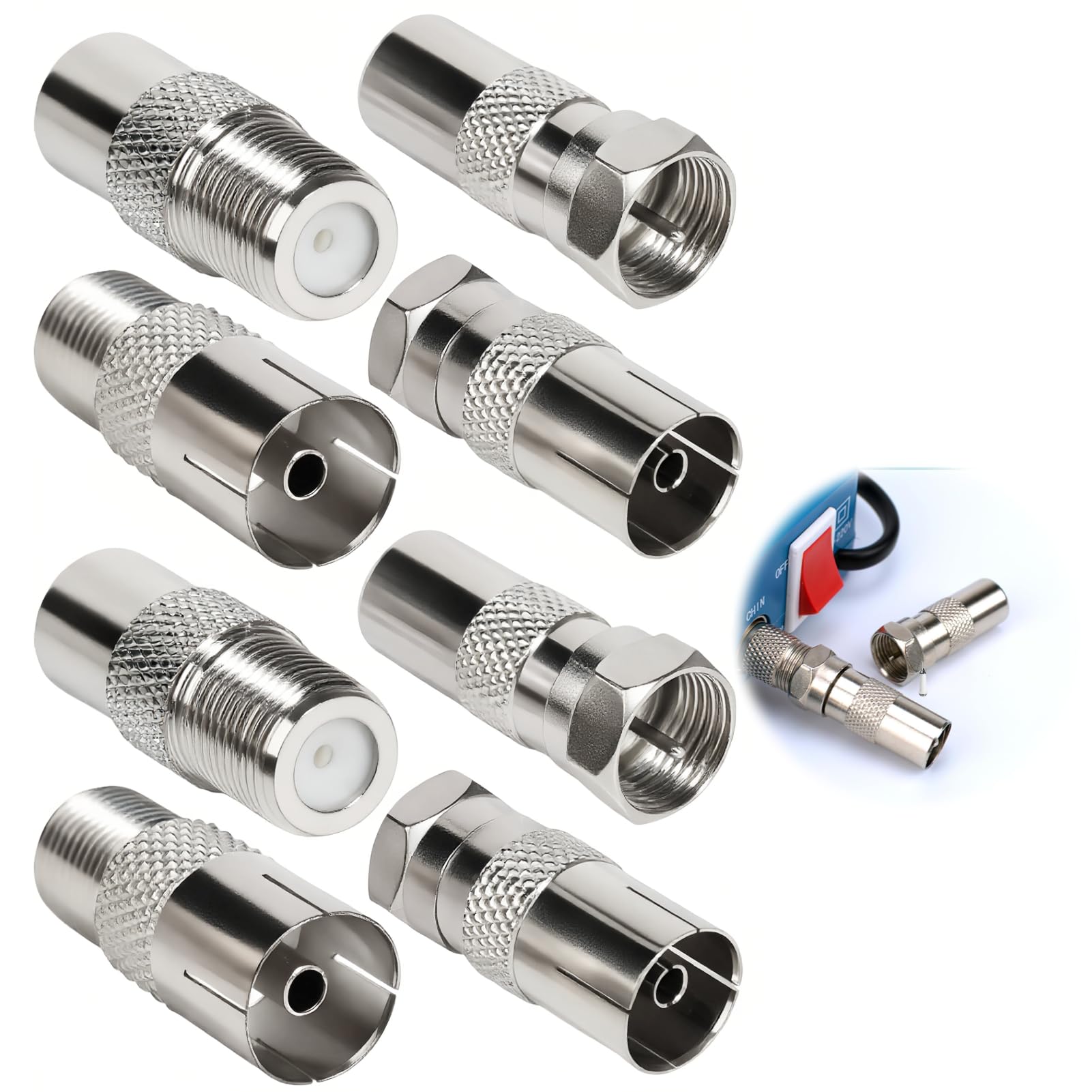 8 PCS Connecteurs Antenne TV Mâle/Femelle Kit, Adaptateur Antenne TV pour Câble SAT, Adaptateur Prise Multimédia, Raccord AntenneTV, Connecteur Coaxial Durable, Embout AntenneTV