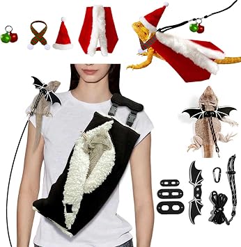 Adjustable Fluffy Bearded Dragon Sling Carrier Bag with Reptile Leash Harness and Bearded Dragon Christmas Santa Hat Xmas Cloak Scarf