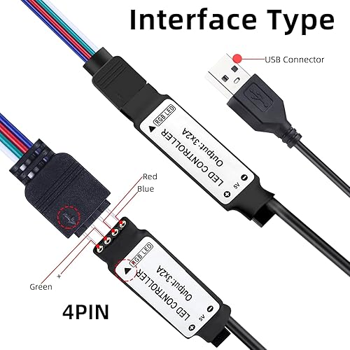 Miniatura 2 de RGBZONE Controlador LED RGB USB de 5 V, control remoto inalámbrico IR de 24 teclas, controlador LED de 4 pines de 3.3 ft, controlador LED 5050 2835
