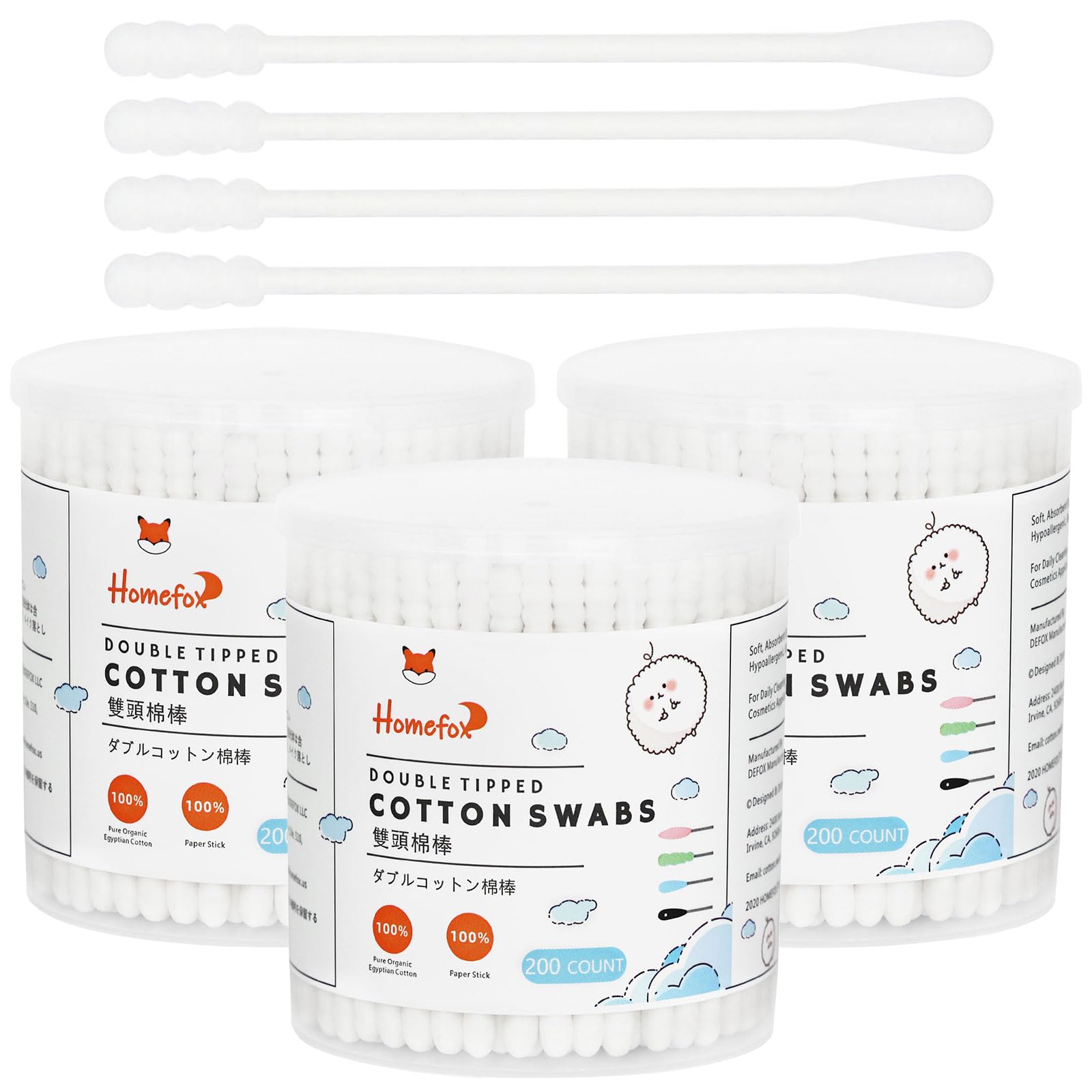 HOMEFOX Cotton Swabs Spiral - 600 Count Organic Cotton Buds Double Side Tightly Wrapped Cotton Tips Paper Stick Soft Gentle Lint-Free Cruelty-Free, Round & Spiral (White)
