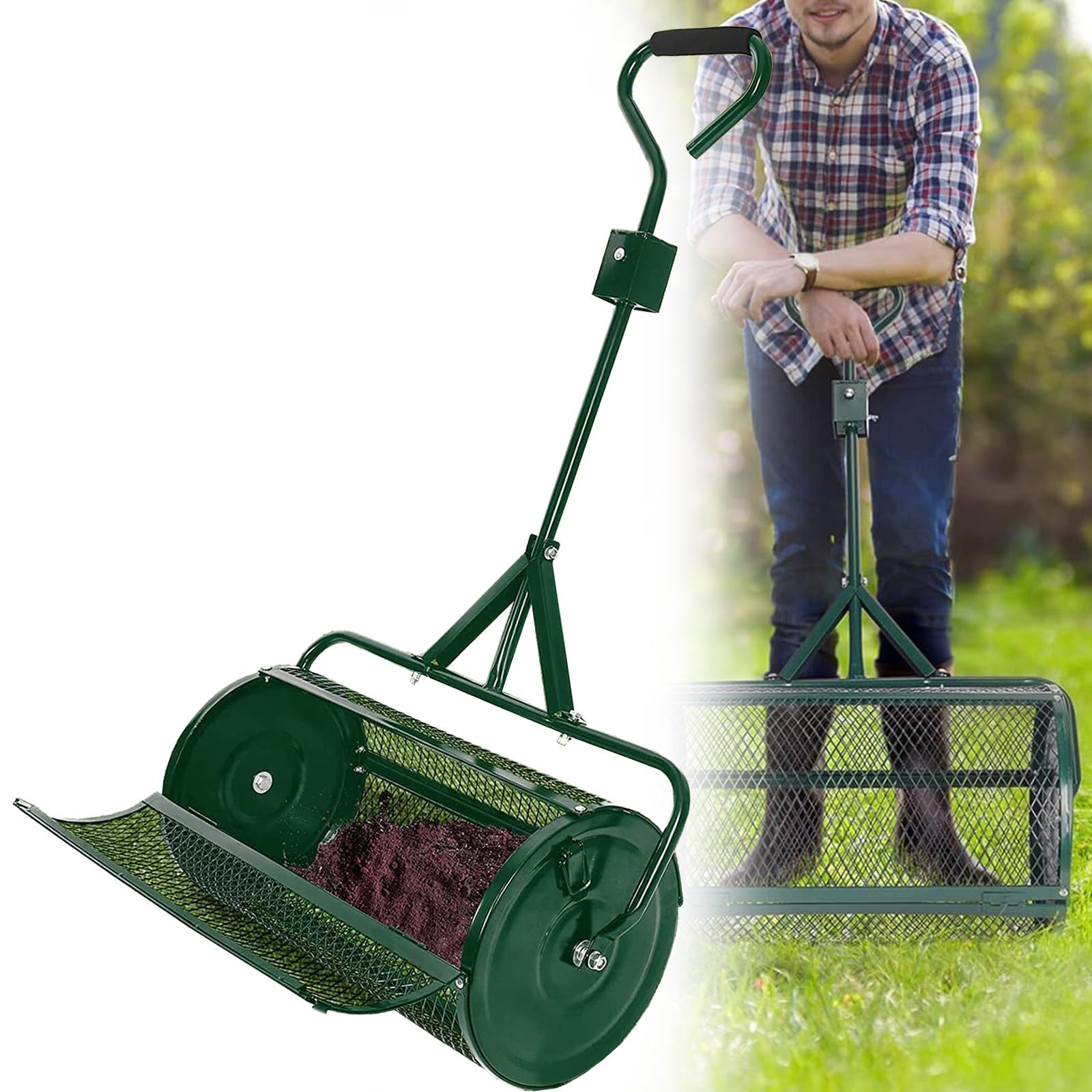 Épandeur de Compost de 24 Pouces pour Pelouses, Épandeurs de Mousse de Tourbe Durables, pour la Plantation et L'ensemencement, Rouleau D'épandage de Fumier D'entretien de Pelouse,Green-40*60cm
