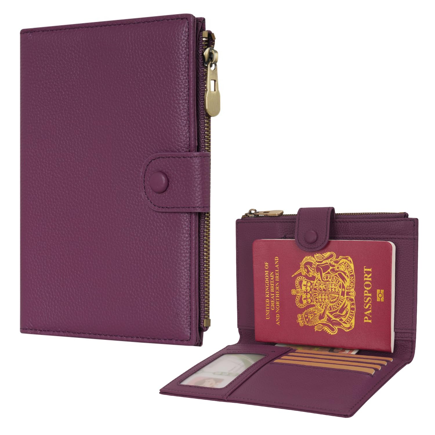 WASON Funda Pasaporte Cuero Billetera Viaje - Ranura Pasaporte con Bolsillo con Cremallera para DNI, Tarjeta de embarque boleto Efectivo Tarjeta SD Elementos Esenciales de Viaje (Morado)