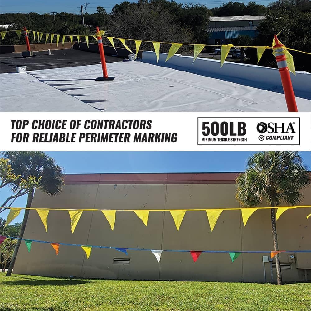 Pennant Banner Flags - OSHA 500lb Rated Safety Rooftop Flagging Barrier Traffic Party & Events - 105ft Strand Fade Resistant (Multicolored, 9"x12"x105ft) - Image 2