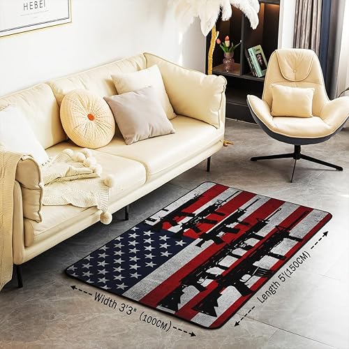 Miniatura 3 de jejeloiu Tapete de interior con bandera americana, 5 x 7 pies, ametralladoras, alfombra decorativa militar para sala de estar