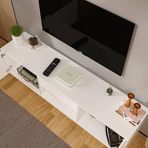 Miniatura 3 de Hitow Mueble de TV de 70 pulgadas, centro de entretenimiento con 2 puertas y estantes abiertos, mesa de consola de sala de estar, gabinete de