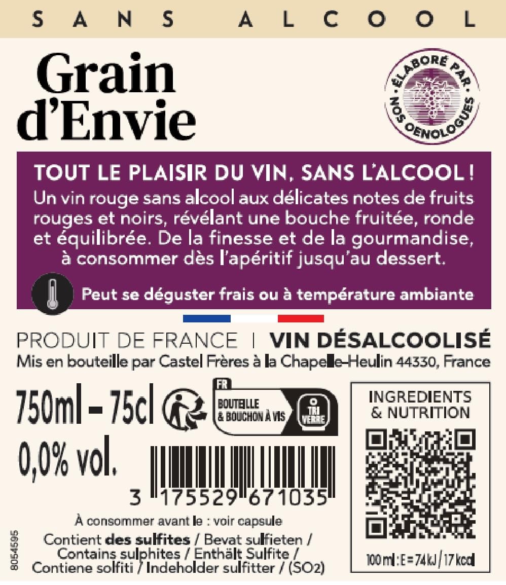 Grain D'Envie - Fruités Merlot Rouge - Sans Alcool Moins De 0.5% Vol - Lot de 6 bouteilles x 75 cl