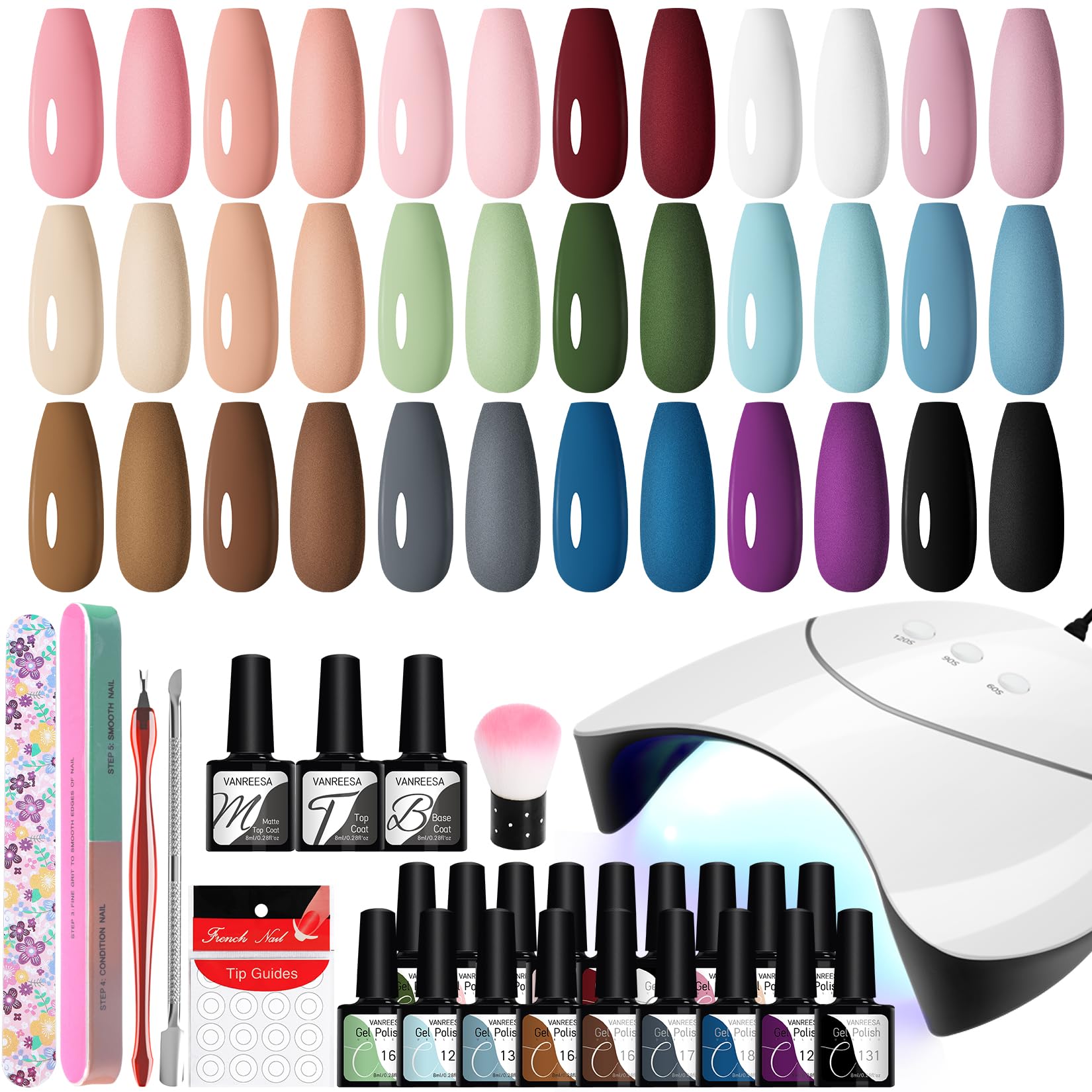 VANREESA Uñas Semipermanentes Kit Completo y Lámpara U V 18 Colores Kit Uñas Semipermanentes con Base Top Mate Top Coat Kit Manicura Semipermanente