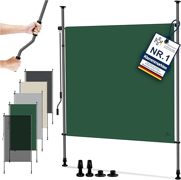 KESSER® Klemmmarkise 120x310 cm, Garten Balkon Sichtschutz wetterfest, Wind- & Sonnenschutz, Senkrechtmarkise mit Handkurbel ohne Bohren, Ausziehbar, wasserdicht & UV-beständig, Dunkelgrün