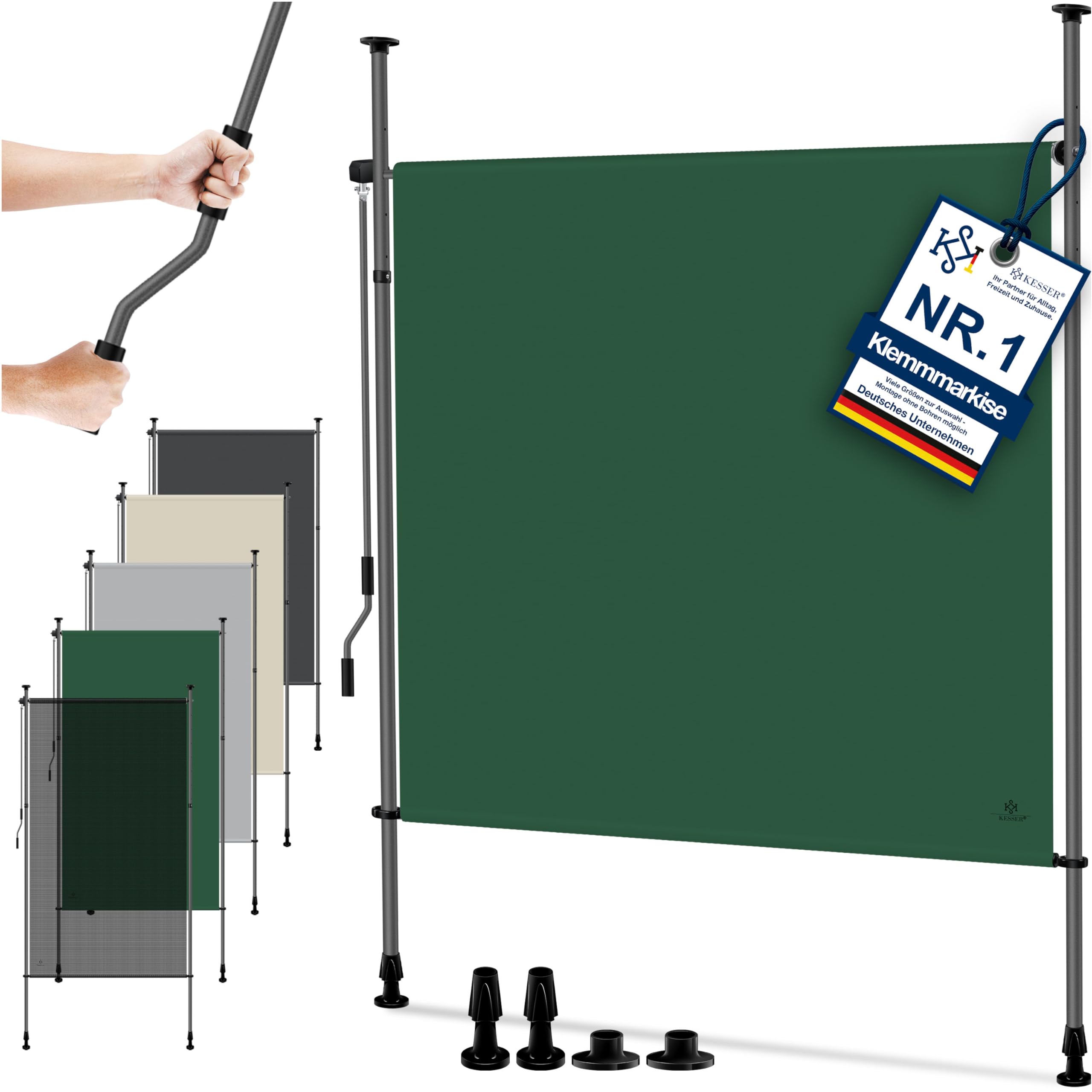 KESSER® Klemmmarkise 100x310 cm, Garten Balkon Sichtschutz wetterfest, Wind- & Sonnenschutz, Senkrechtmarkise mit Handkurbel ohne Bohren, Ausziehbar, wasserdicht & UV-beständig, Dunkelgrün