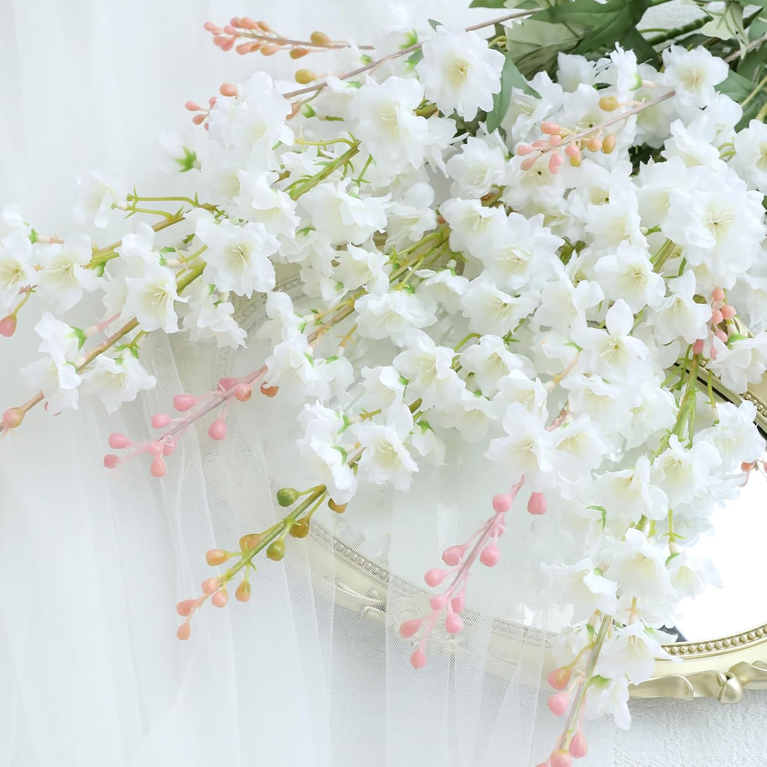 6PCS White Delphinium Artificial Flowers, Long Stem Faux Larkspur Silk Flowers, 33.5" Bendable Fake Flowers Bouquets for Tall Vase Table Kitchen Home Offices Garden Wedding Decor - Image 8