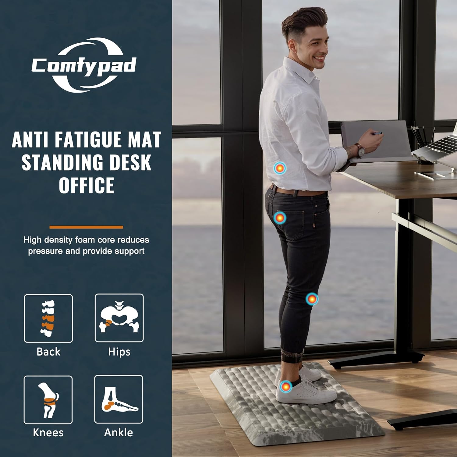 5/6 Inch Thick Anti-Fatigue Floor Mat,Ergonomic Office Standing Desk Mat, Kitchen Rug - Comfort & Durable Foam, Water Absorbing, Cushioned Non-Slip Bottom (19" x 32", Black Marble Pattern)