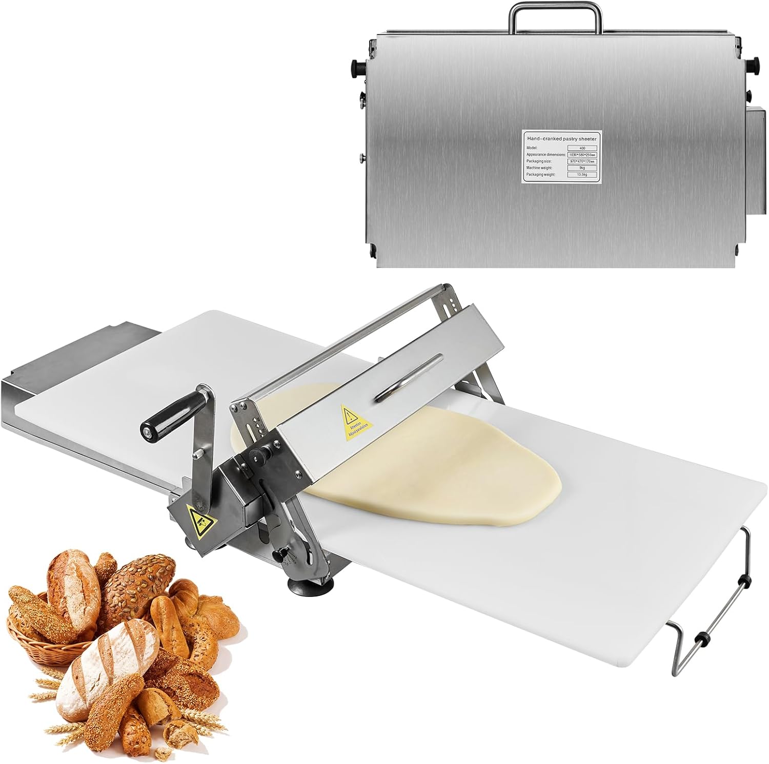ATOLS 40.9''x15.5" Folding Dough Sheeter, Dough Roller Machine for Commercial Use, 0.2-27mm Adjustable Thickness Stainless Steel Manual Dough Sheeter Machine with Board
