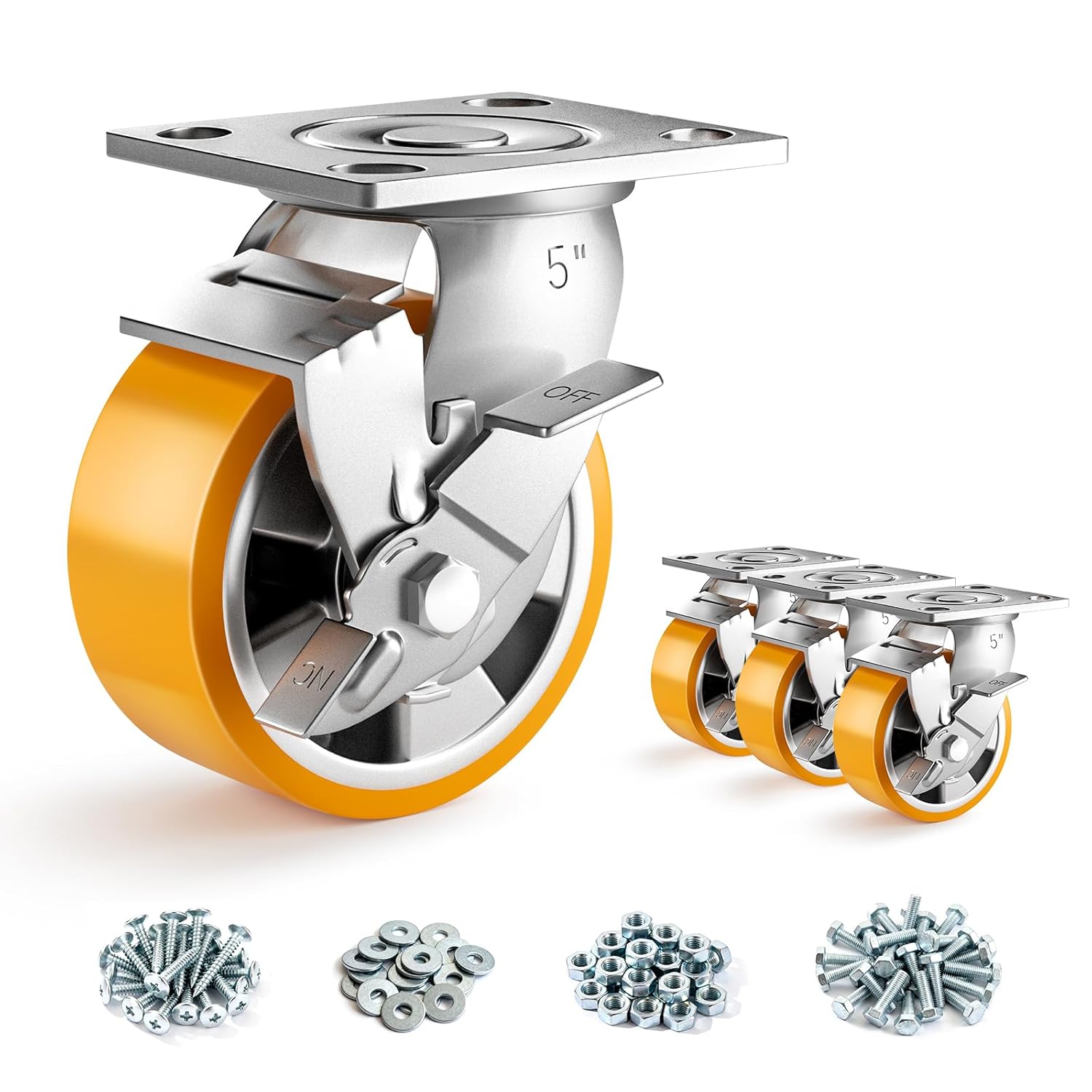 5 Inch Heavy Duty Casters Set of 4, Industrial Locking Casters 5000lbs Load Capacity, Plate Swivel Castor Wheels for Heavy Duty Carts, Workbench, Equipment, Platform Truck (Orange)