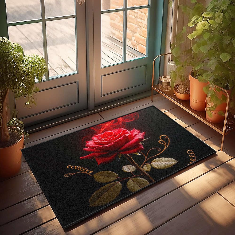 Tapis superposé pour porche aux détails complexes et motif rose rouge élégant pour l'entrée