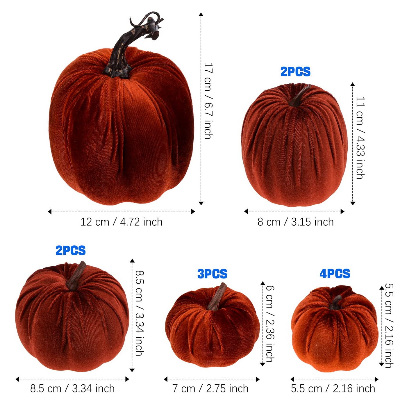 Funzhan 12Pcs Assorted Artificial Pumpkin Set Decor Brown Velvet Foam Pumpkin Thanksgiving Halloween Fall Harvest Home Kitchen Table Party Pumpkin Decoration