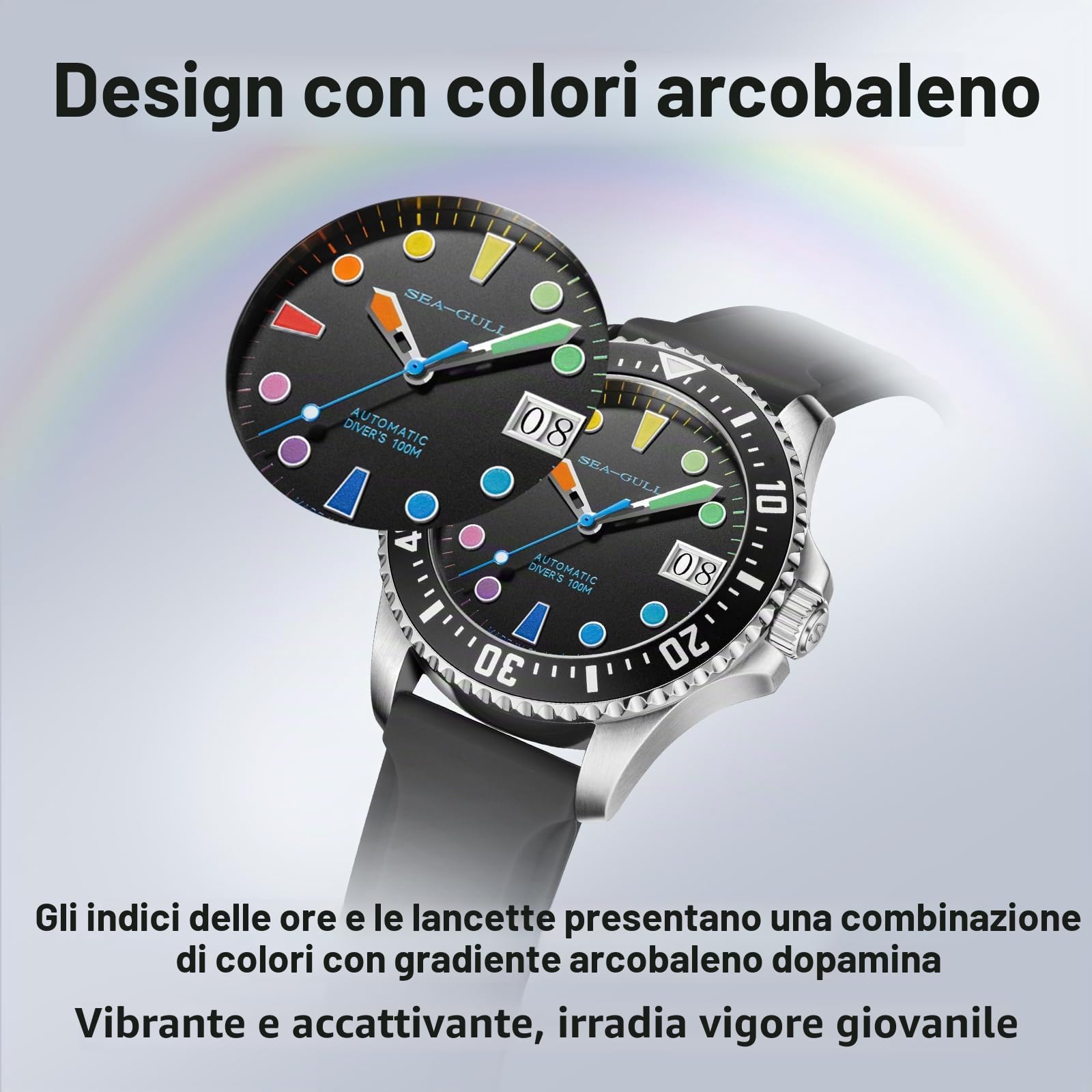 SEA-GULL Orologio automatico da uomo, impermeabile fino a 100 m, orologio da polso meccanico con quadrante colorato, vetro zaffiro sintetico, cinturino in silicone