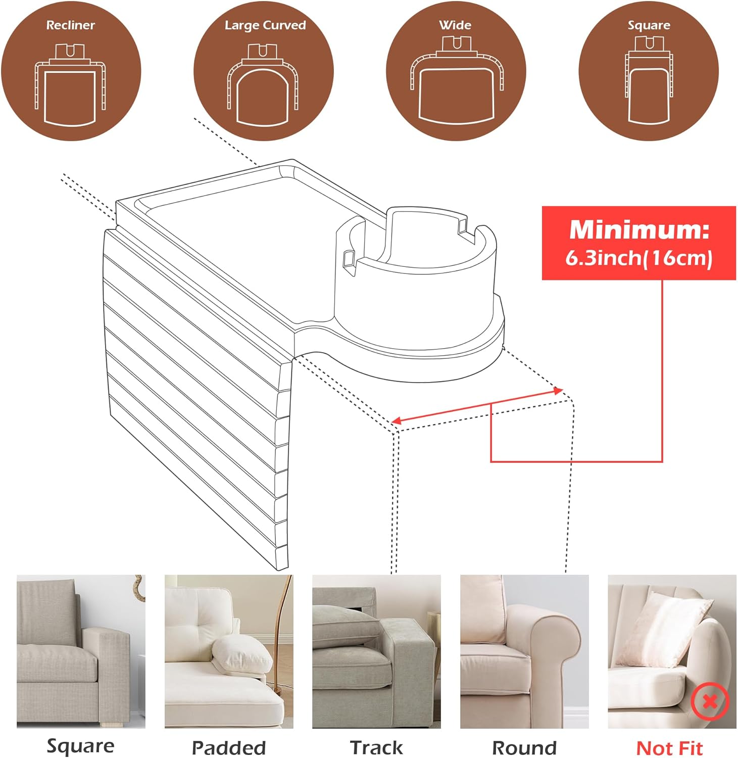Couch Cup Holder Tray-2 Set, 3 in 1 Large Couch Arm Table,Bamboo Sofa Clip on Tray Table with 360° Ratated Phone Holder for Couch,Black + Walnut