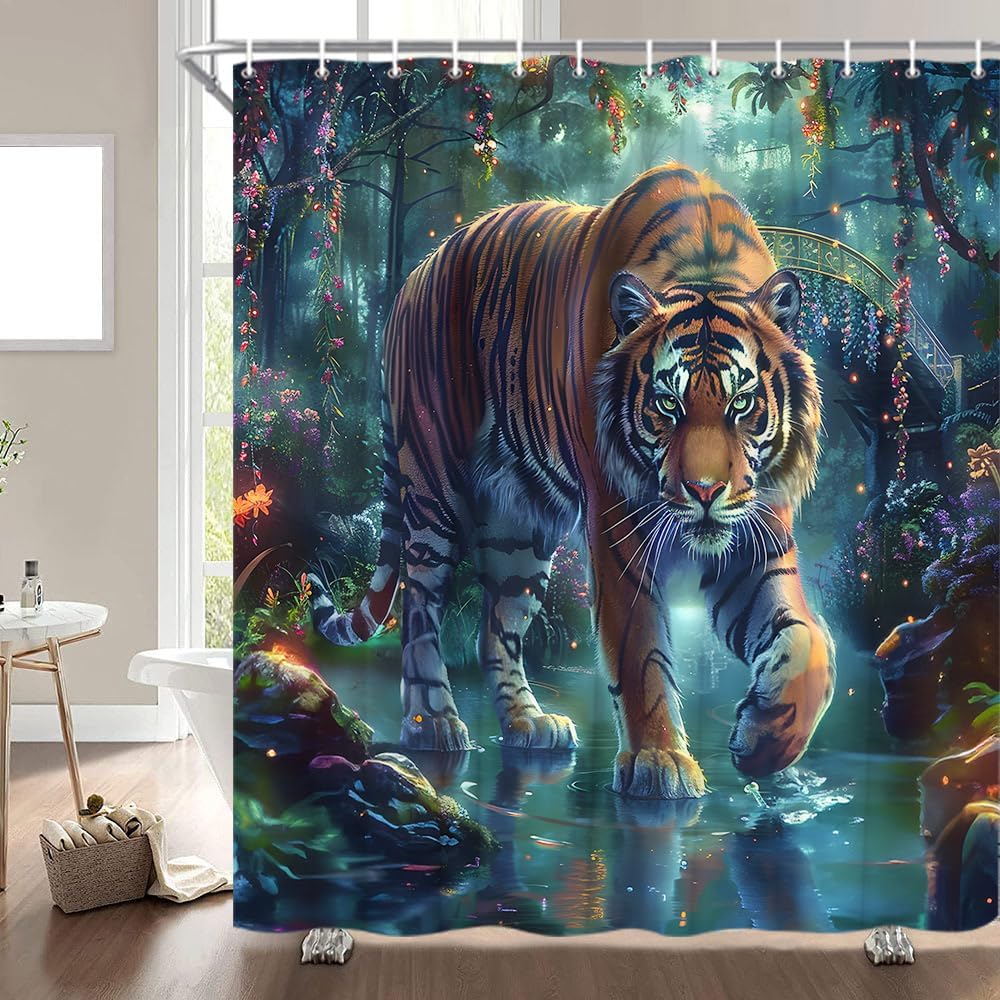 Tiger Shower Curtain Powerful Wildlife Fantasy Forest Lake Bridge Green Jungle Animal Plant Nature Scenery Spring Garden Bathroom Decor Curtains Polyester with Hooks