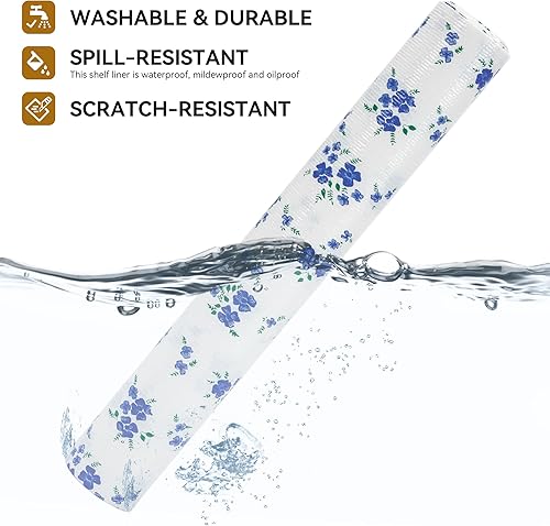 Miniatura 2 de RAY STAR Revestimiento para estantes, 18 pulgadas x 8 pies, no adhesivo, color azul, floral, para armario de cocina, cajón de despensa, agarre