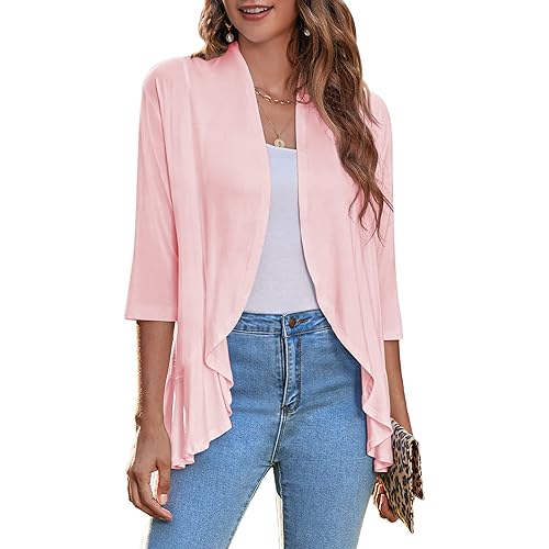 Zeagoo Women's Open Front Cardigan 3/4 Sleeve Draped Ruffles Soft Knit Sweaters S-3XL