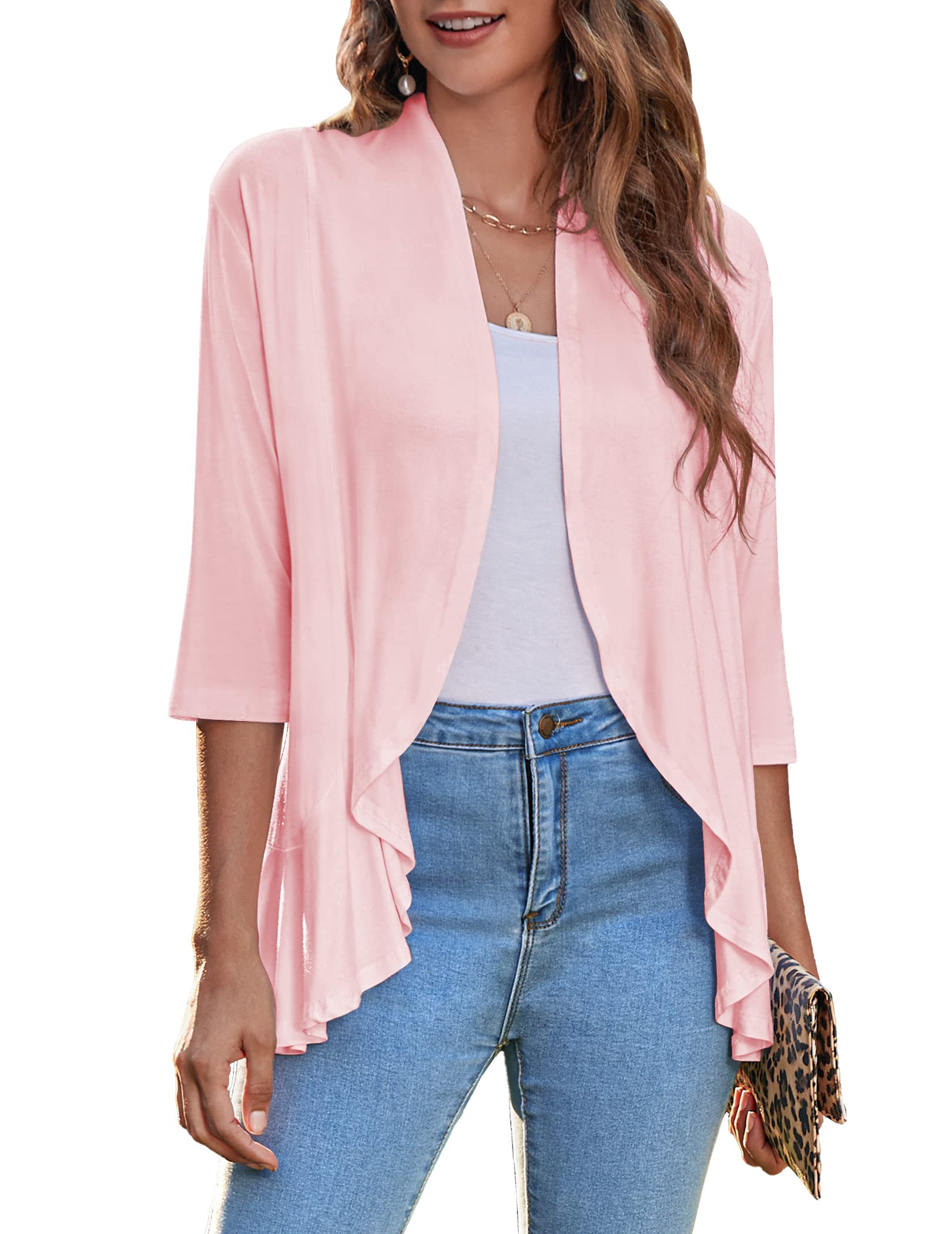 Zeagoo Women's Open Front Cardigan 2026 Spring Summer Lightweight 3/4 Sleeve Draped Ruffles Cardigans S-3XL