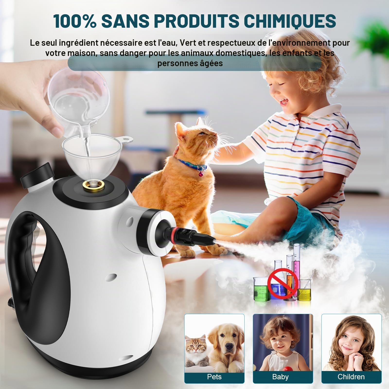 Nettoyeur Vapeur Portable,Multi-Usage Steam Cleaner avec 14 Accessoires & Réservoir 350 ml,1050W Nettoyant Vapeur pour Vapeur Vitres,Sols,Tapis,Voiture,Canapé,Cuisine