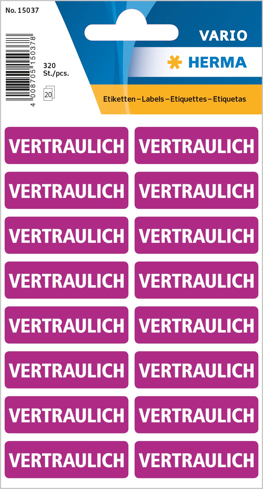 HERMA 15037 Notice Labels with "Confidential" Print (40 x 12 mm, 20 Sheets, Matte Paper), Self-Adhesive, Permanent Text Labels, 320 Labels, Purple