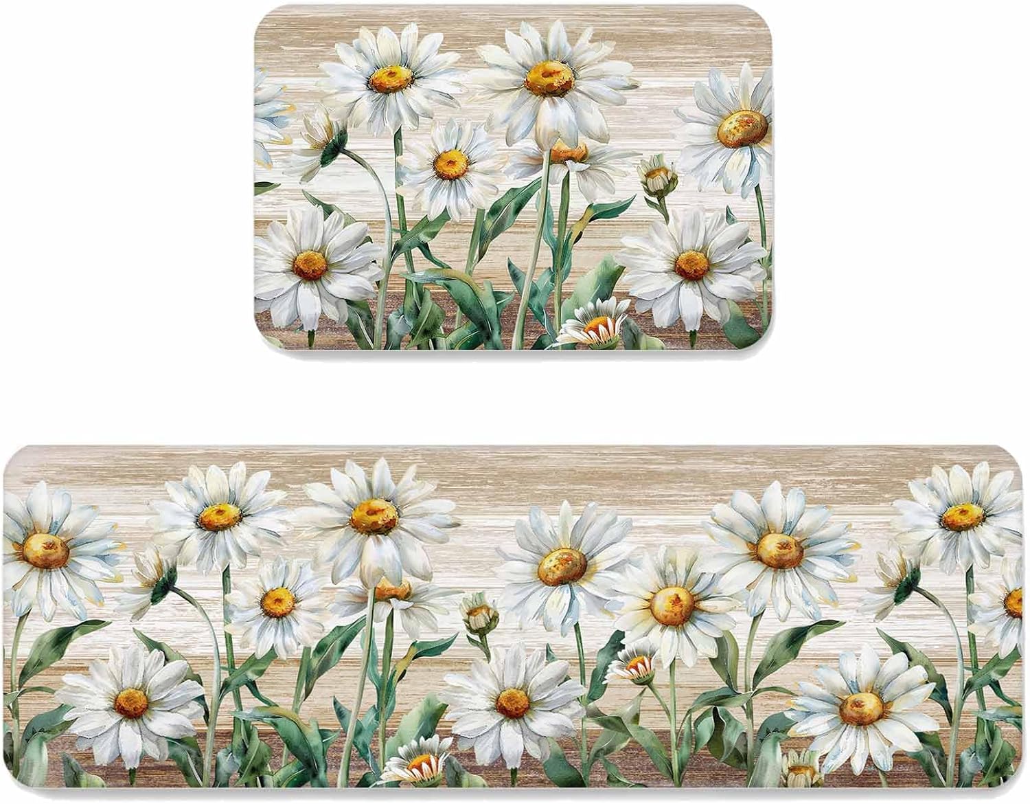 Prime Leader Retro Flowers Kitchen Mat Set 2 Pieces Daisy Wildflowers Plants Brown Wood Grain Non Slip Kitchen Rugs Washable Runner Rug Mats for Sink Laundry (23.6" x 35.4"+23.6" x 70.9")