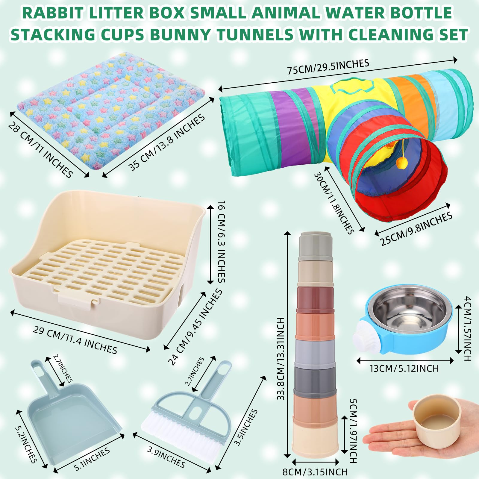 Kit iniziale per conigli, 34 pezzi, per lettiera per conigli, piccole bottiglie d'acqua, tazze impilabili, tunnel per coniglietti, kit per la toelettatura degli animali, coperte con set di