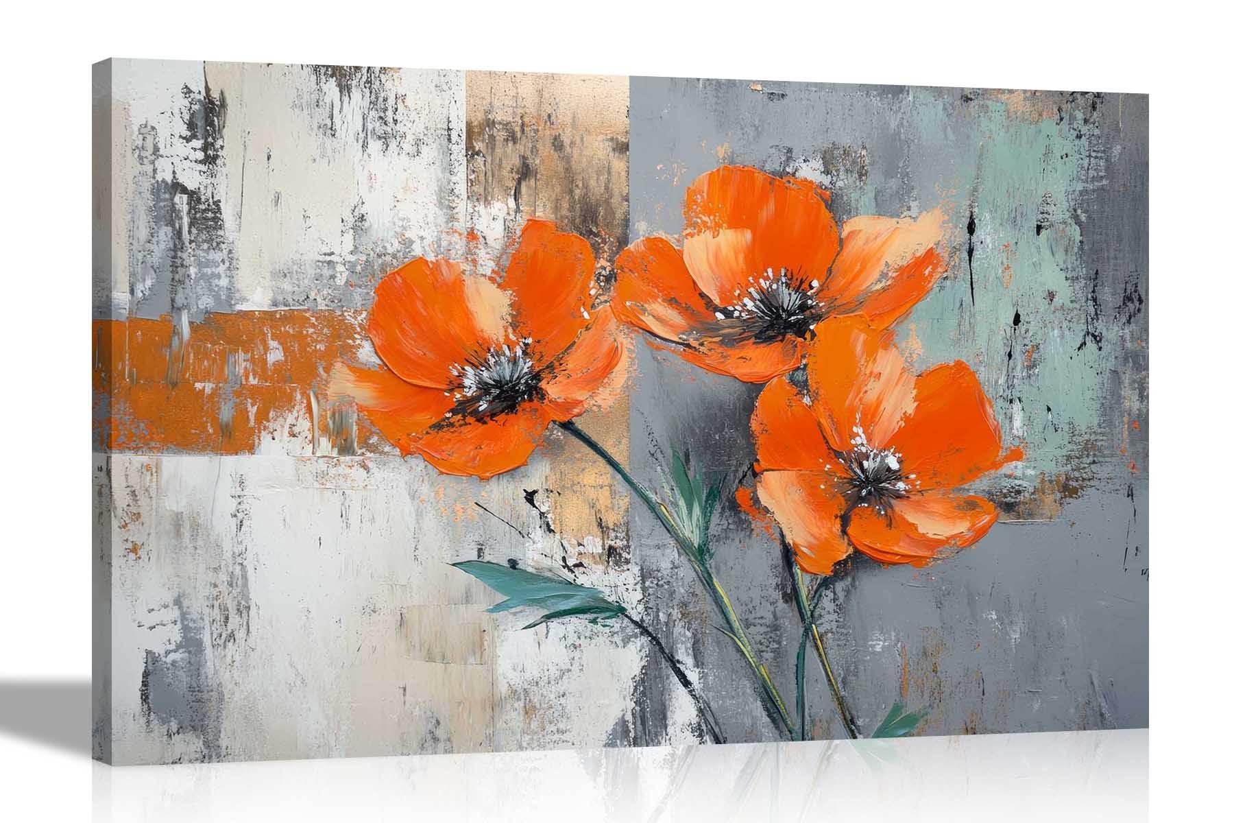 Artley Prints - Abstract Rustic Orange Poppy Flowers Canvas Prints Pictures for Living Room Conservatory Hallway Home Office Large 86 x 61cm (34 x 24 inches) A1