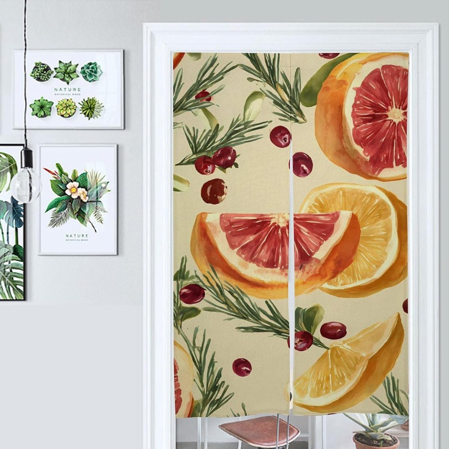 Lemon Grapefruit Rosemary Doorway Curtain Insulated Room Divider Drapes | white linen,privacy curtains