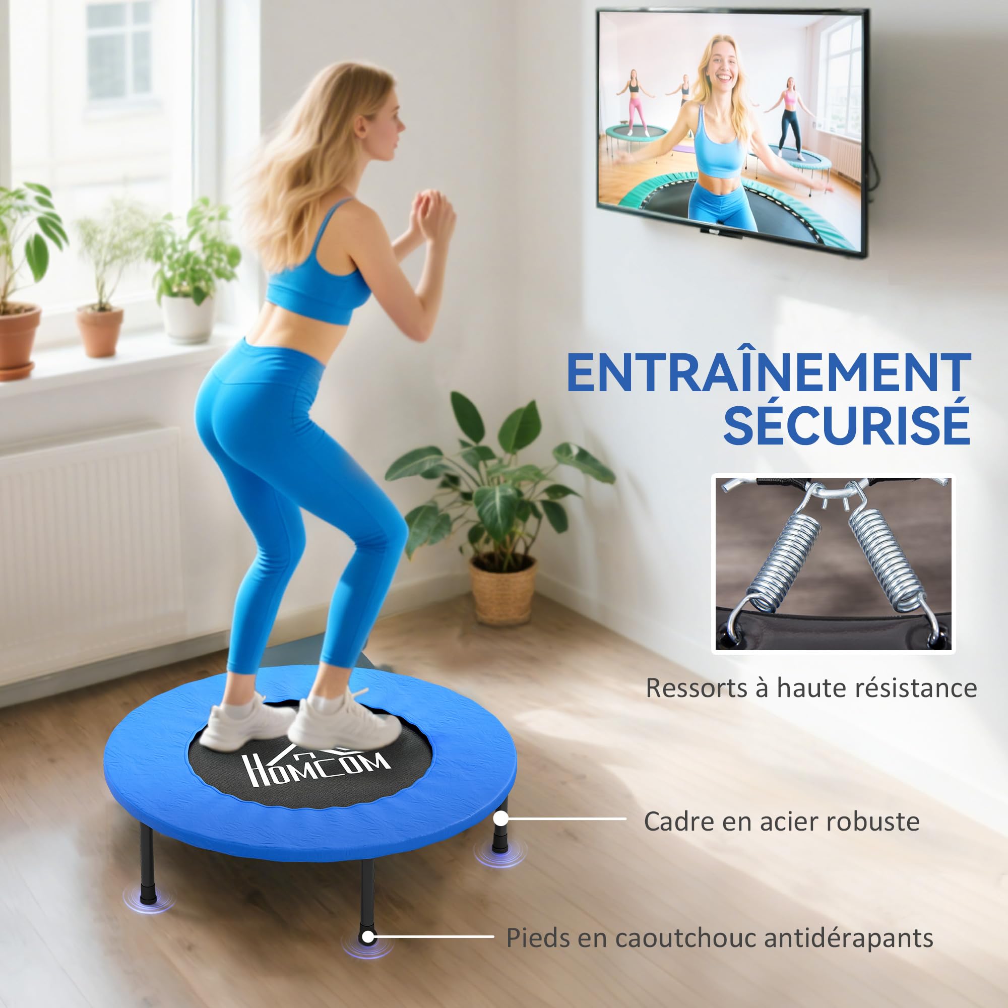 HOMCOM Mini Trampoline de Fitness, Ø 81 cm, Trampoline d'exercice avec Pieds antidérapants, capacité de 100 kg, Usage intérieur/extérieur, pour Gymnastique, entraînement, Bleu et Noir