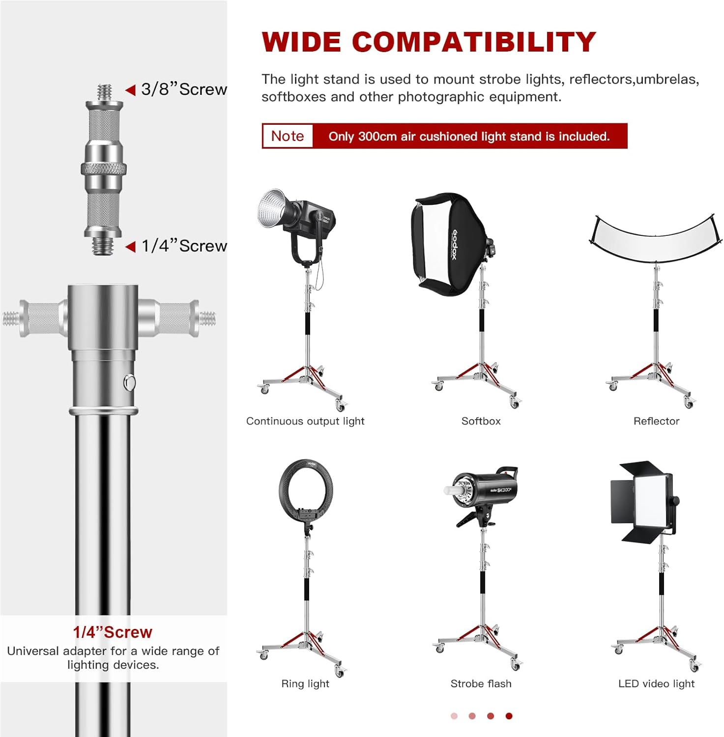 Heavy Duty Light Stand with Casters, 10ft/305CM 100% Stainless Steel 30kg/66lb Load Bearing Adjustable Photography Light Stand with Wheels for Photography Studio Softbox, Monolight