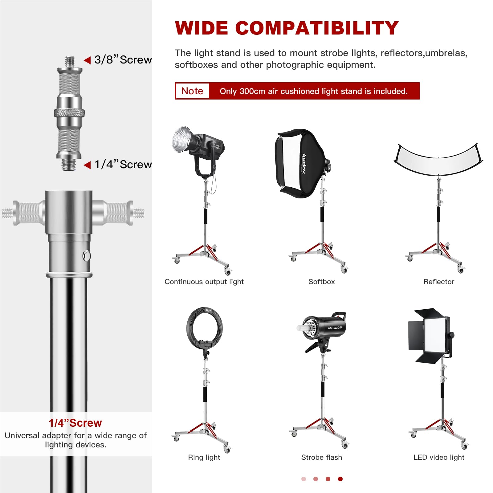 Soonpho WS-300 Pro Light Stand 100% Acciaio Inox Stativo per Luci C con Ruote e Braccio,Stativo a C Pesante in Metallo Altezza massima 300 cm (9,84 piedi) per Riflettori,Monoluci