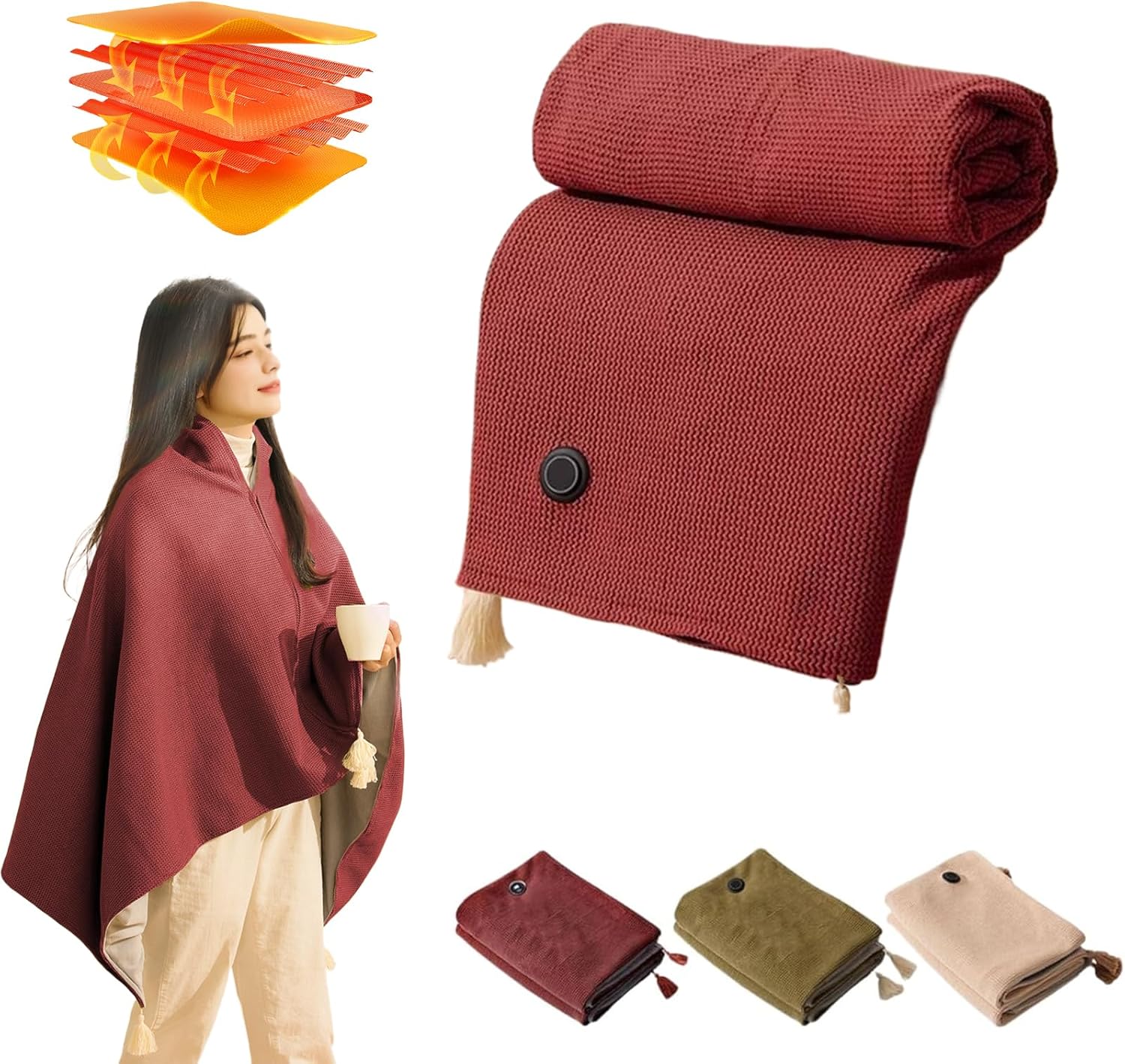 Portable Heated Shawl Wearable Cordless Electric Heated Blanket for Outdoors 3 Heating Levels USB Heated Shawl Warming Blanket Washable (Green)