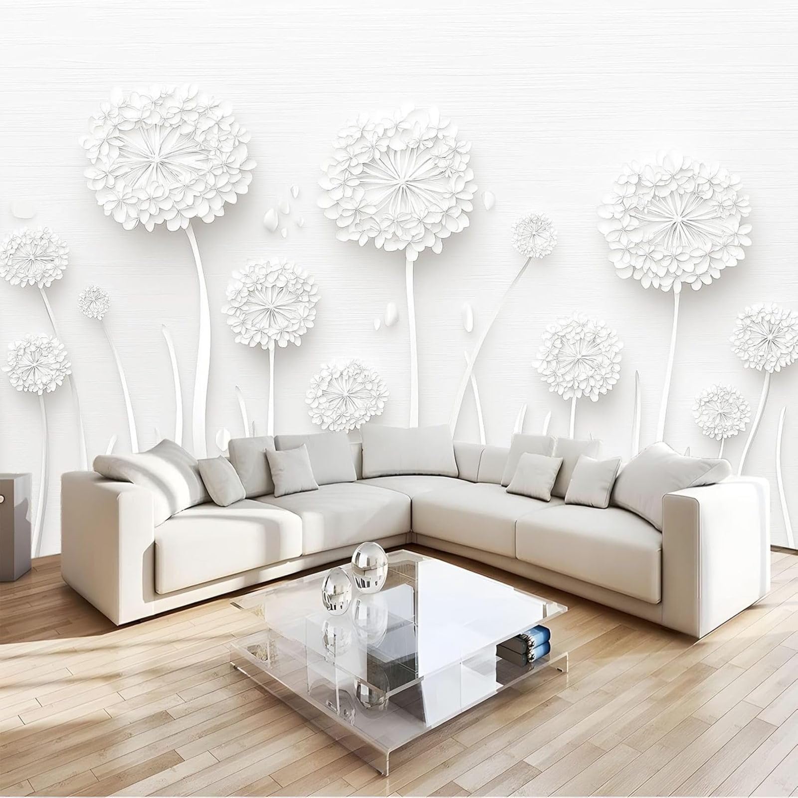 hgjdjhnf 3D Relief Flower Photo Wallpaper, Wall Mural, Wall Decor, Design Patterned Wallpaper, Wall Decoration for Living Room, Bedroom, Office, Hallway, White, 300cm x 210cm