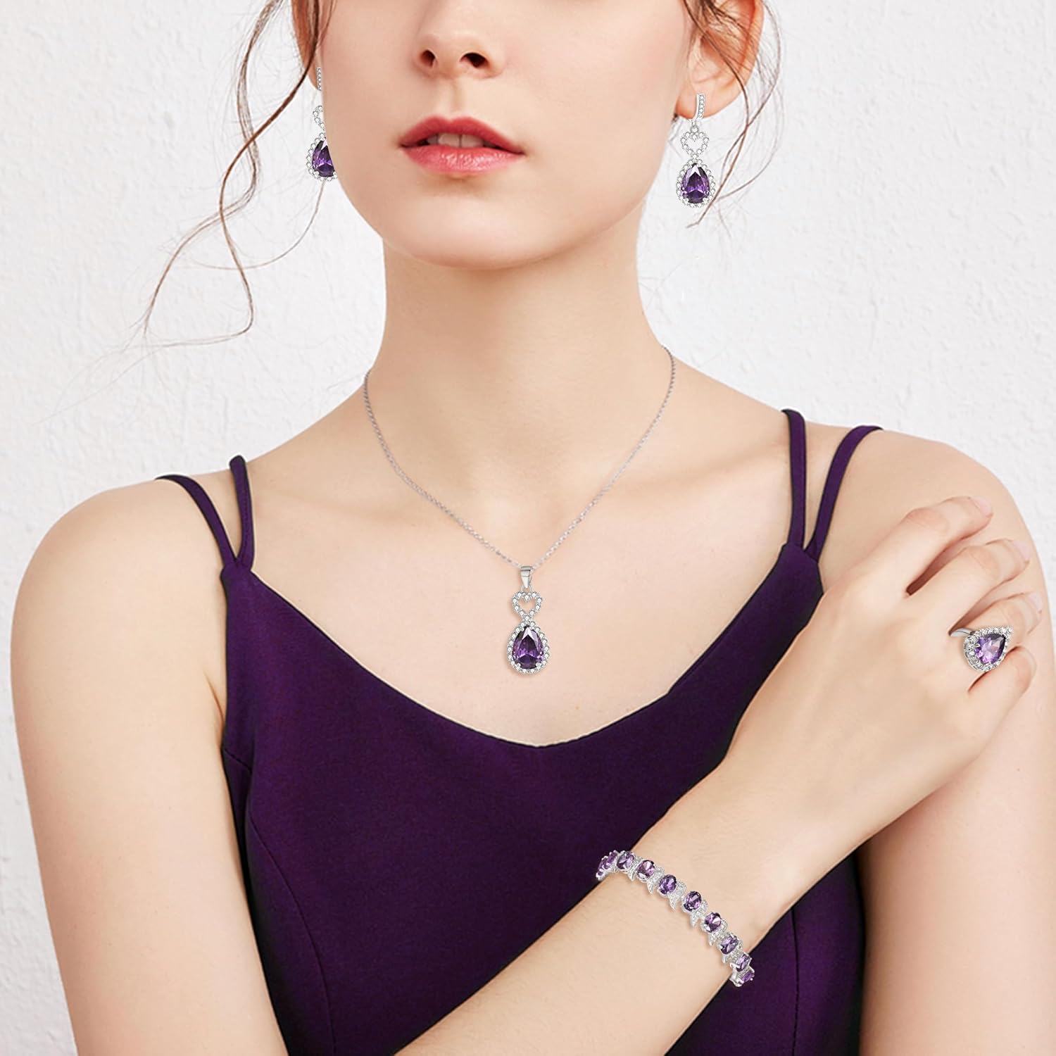 EleQueen Women Jewelry Set Brass Heart Necklace Earrings Bracelet Open Rings for Bride Bridesmaid, Cubic Zirconia for Memorial Anniversary Mother's Day - Image 2