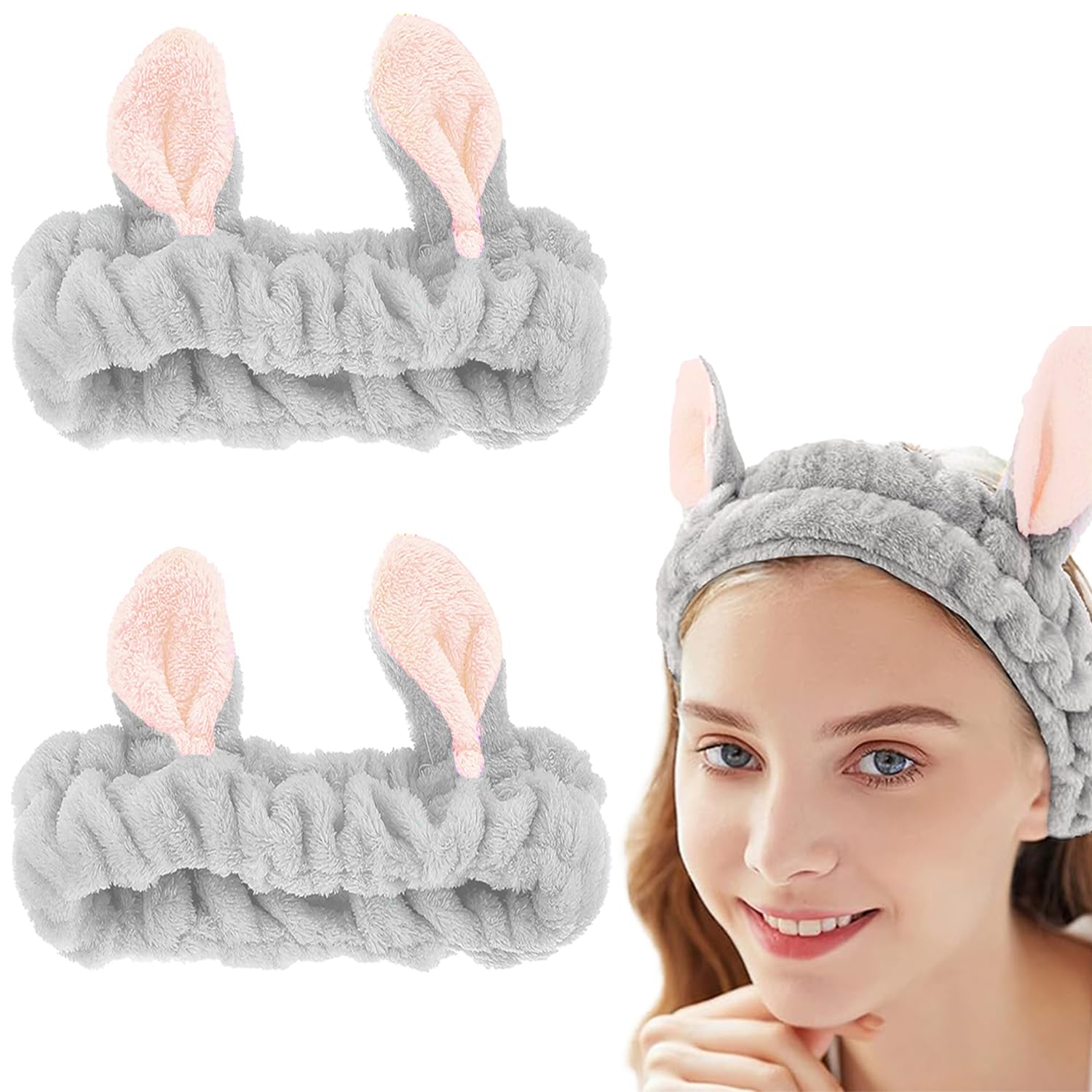 2 PCS Bunny Ears Spa Headband No Slip Head Band for Face Wash Makeup Skincare Facial Headband Elastic Hair Band Carol Fleece Headbands for Women Girls (20.3 CM)-image-48