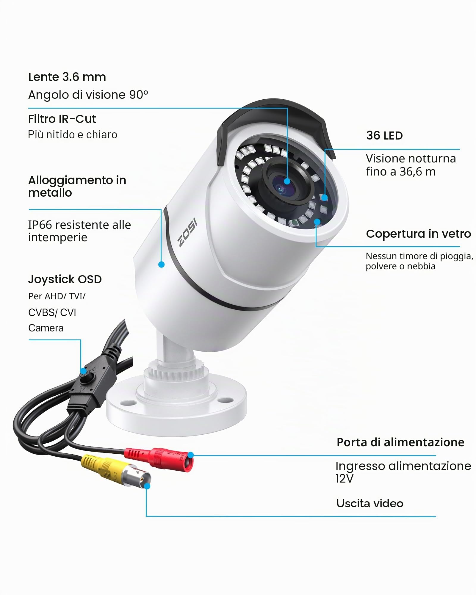 ZOSI 1080P Telecamera di sorveglianza per esterni, 2MP Videocamera Cablata AHD/960H/CVI/TVI, 36pcs 36M LED a infrarossi Custodia in Metallo, per Visione Notturna IP67