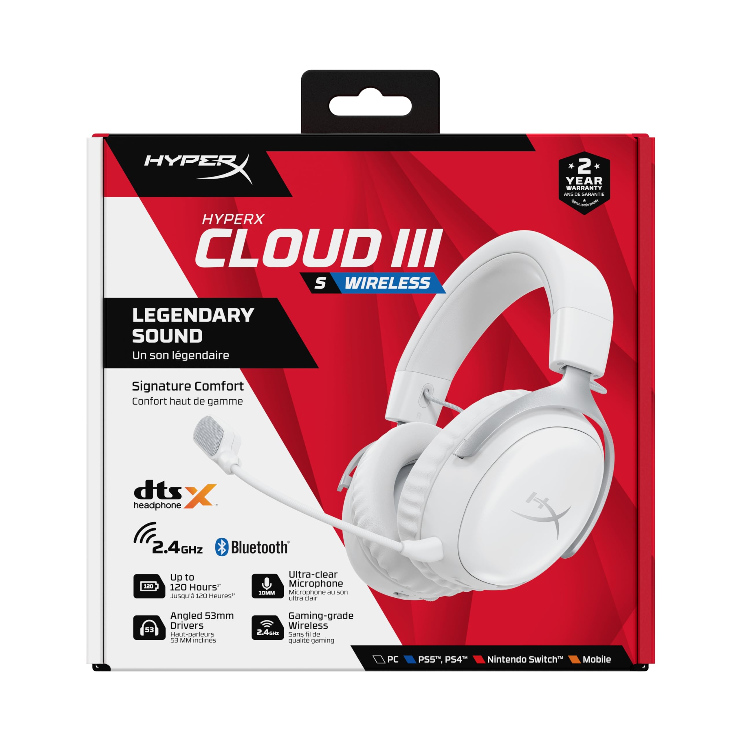 HyperX Cloud III S, Casque Gaming sans Fil, Bluetooth/2,4 GHz, PC/PS5/Xbox, jusqu'à 200h de Batterie, transducteurs 53 mm, DTS, Micro 10 mm, Blanc