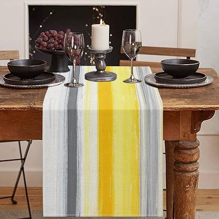 Emvency Yellow Abstract Table Runner, Modern Grey White Striped Table Decor for Kitchen Coffee Table Family Dinners Holiday Parties Wedding Events Decor(13x72 inch)