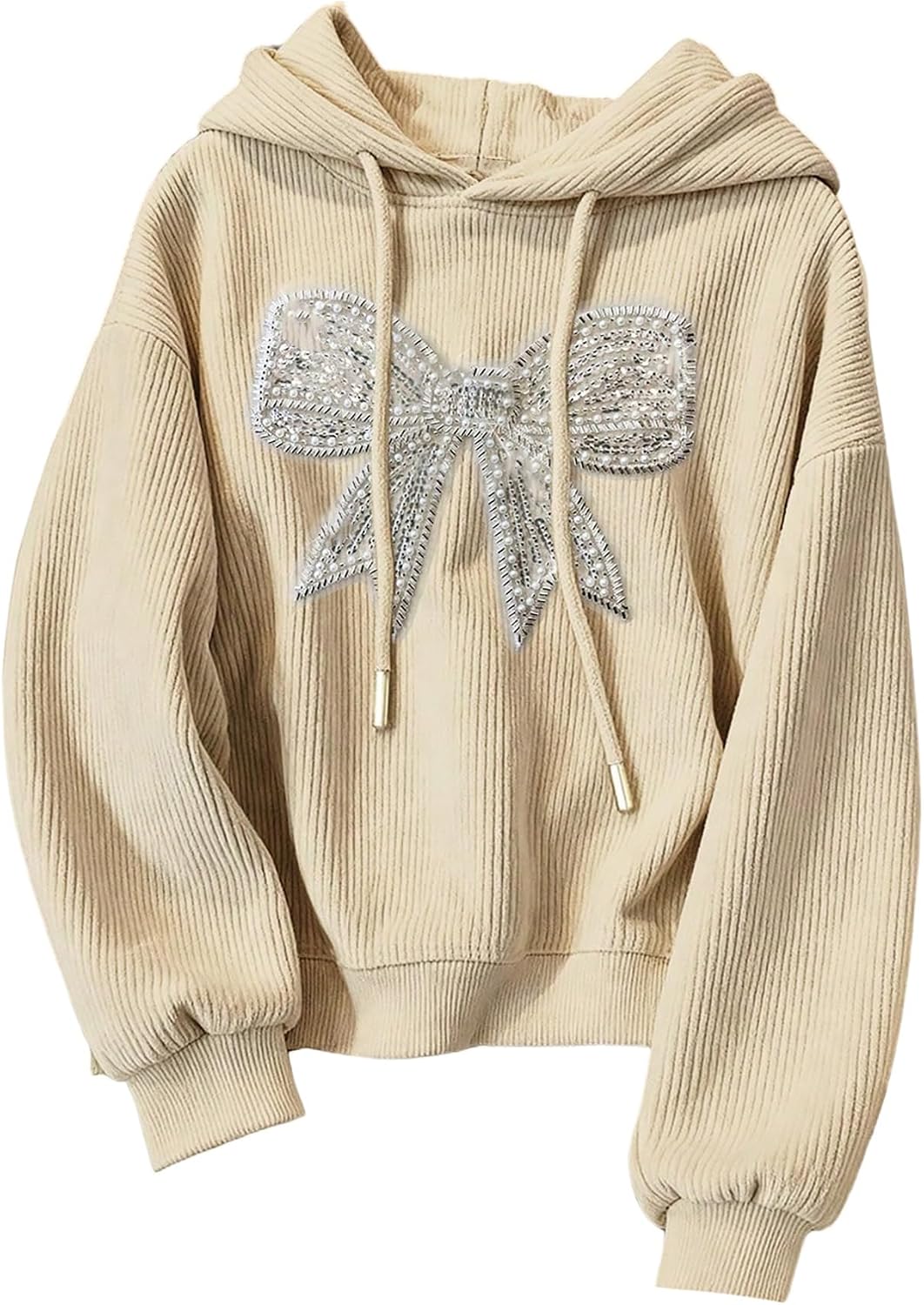 SHENHE Women's Graphic Print Y2k Hoodie Long Sleeve Bow Decor Corduroy Casual Sweatshirt