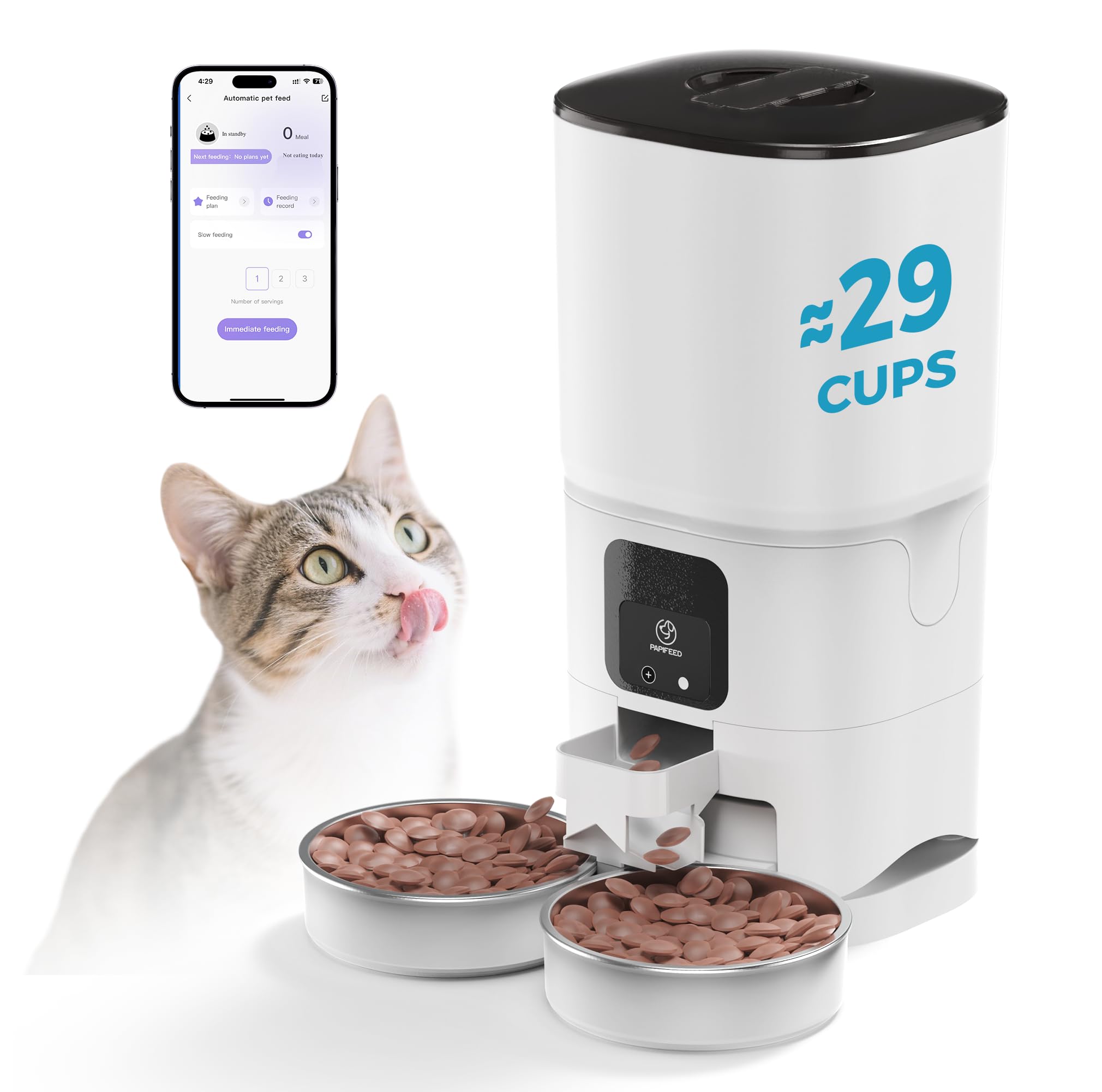 PAPIFEED Automatic Cat Feeder for 2 Cats, 2.4G WiFi Cat Food Dispenser with App Control, 7L Slow Feed Pet Feeder with 2 Stainless Bowls for Cats & Dogs, 12 Portions 10 Meals Daily - White